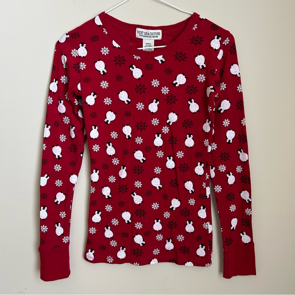 Next Era Couture Red White & Black Penguins & Snowflakes Long Sleeve Top Size S